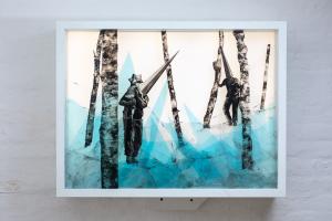 Andrea Mastrovito, Senza titolo, 2019, smalto su vetro e Lightbox, 64 x 84 x 25 cm, 